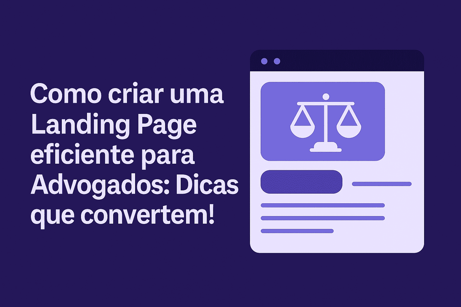 Imagem com fundo roxo escuro apresentando o título 'Como criar uma Landing Page eficiente para Advogados: Dicas que convertem!' em letras brancas à esquerda. À direita, uma ilustração de uma landing page com ícone da balança da justiça, simbolizando o segmento jurídico. Design moderno nas cores da marca Flypage, ideal para blog sobre marketing digital para advogados.